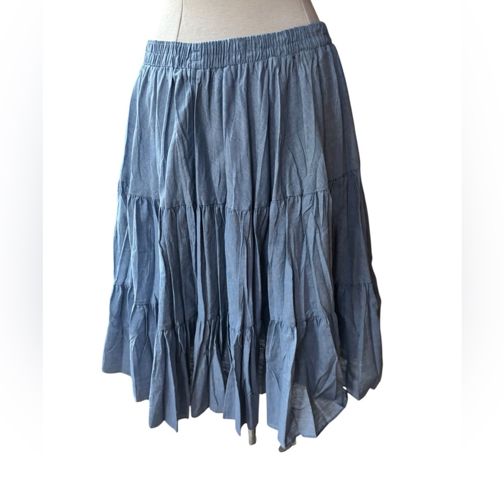 1970s/Early 80s Malco Modes Chambray‎ Tiered, Cotton Blend, Peasant/Boho Skirt